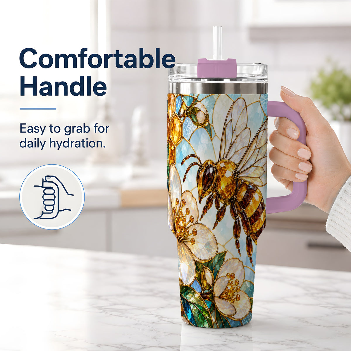 #pl[40oz|Pink] Honey Bee Floral 40oz Tumbler, Stained Glass Style Drinkware