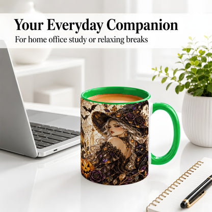 #pl[11oz|Green] Halloween Witch Cat Accent Mug, Mug with Pumpkin Artwork
