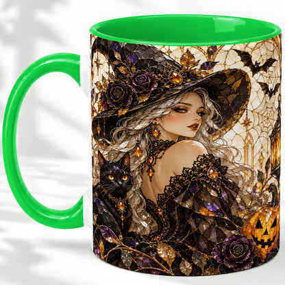 #pl[11oz|Green] Halloween Witch Cat Accent Mug, Mug with Pumpkin Artwork