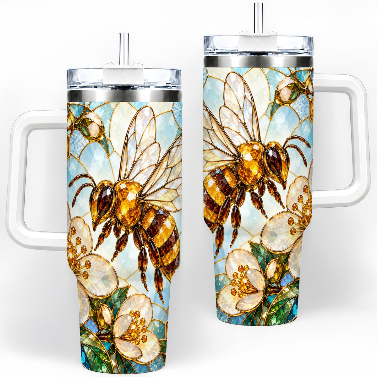 Honey Bee Floral 40oz Tumbler, Stained Glass Style Drinkware