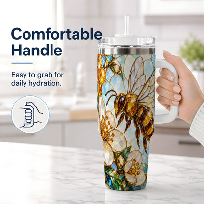 #pl[40oz|White] Honey Bee Floral 40oz Tumbler, Stained Glass Style Drinkware