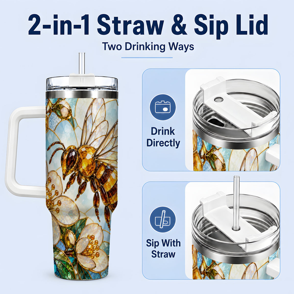 #pl[40oz|White] Honey Bee Floral 40oz Tumbler, Stained Glass Style Drinkware