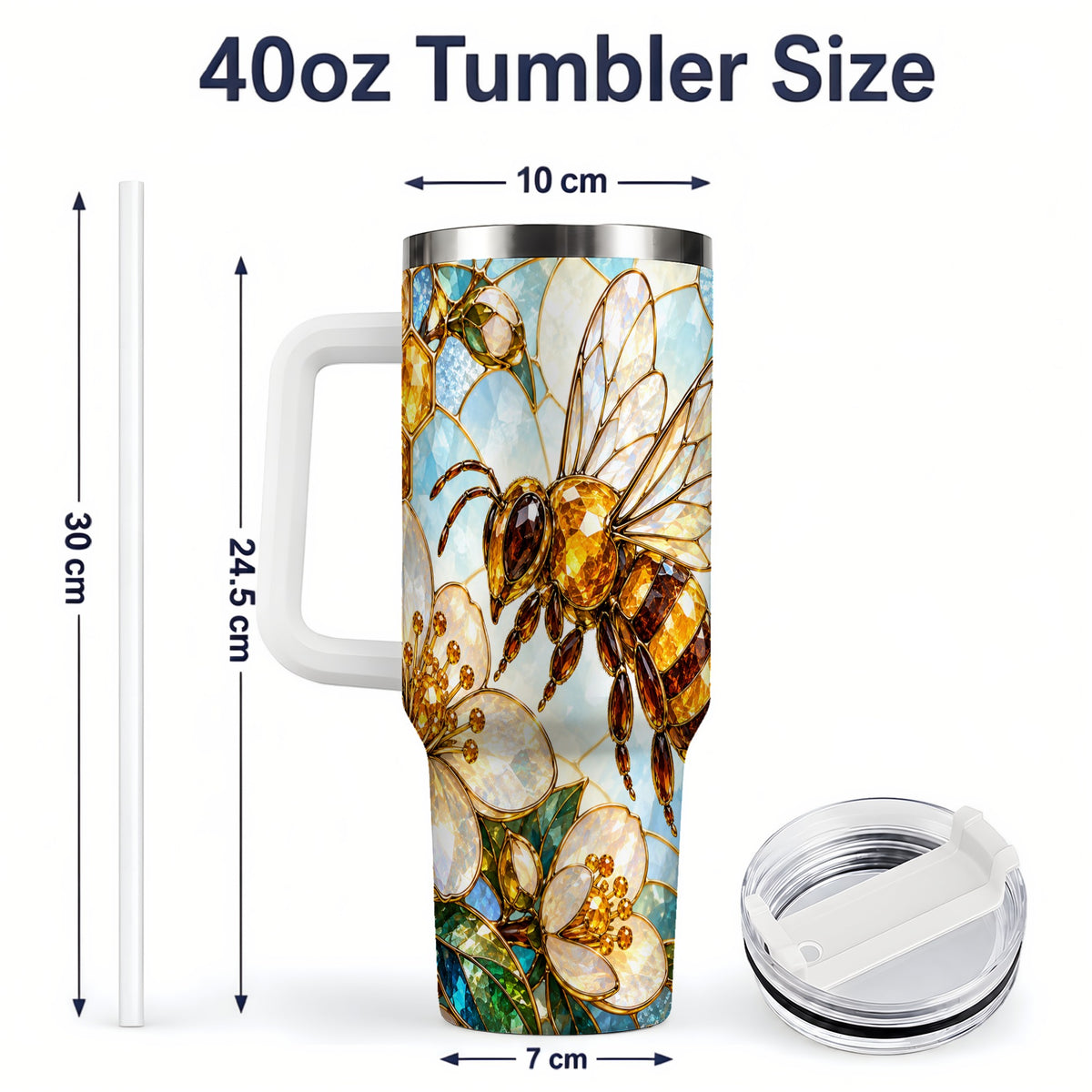#pl[40oz|White] Honey Bee Floral 40oz Tumbler, Stained Glass Style Drinkware