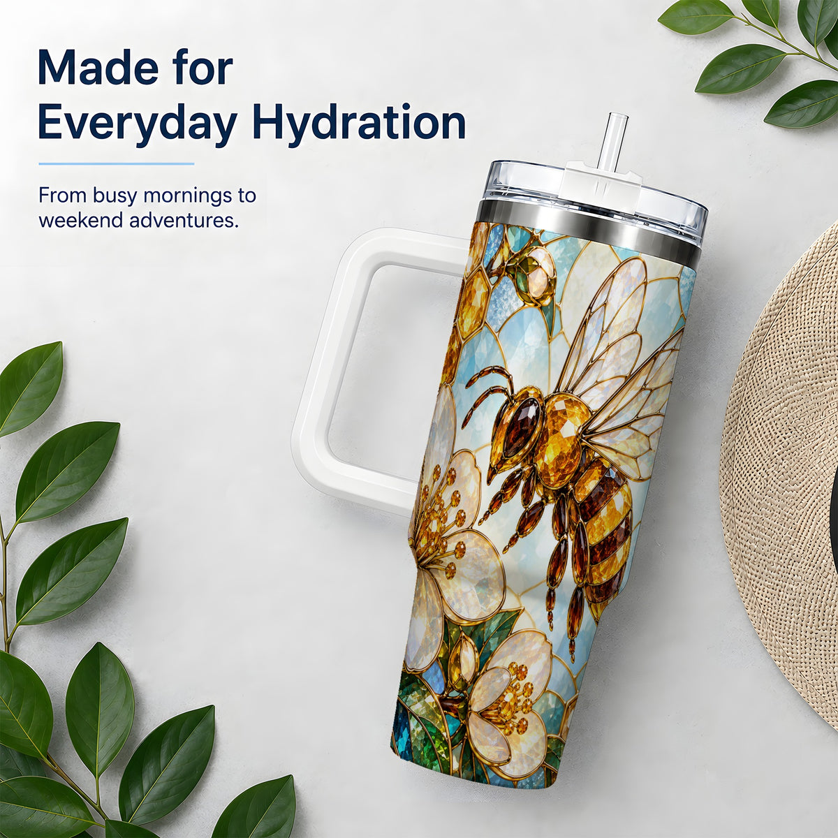 Honey Bee Floral 40oz Tumbler, Stained Glass Style Drinkware