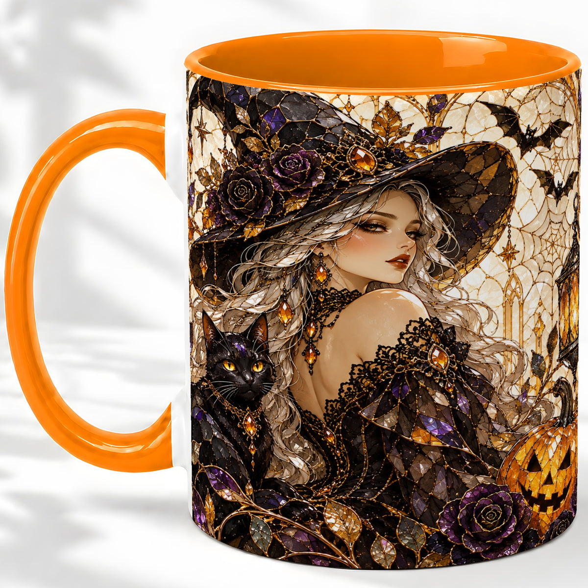 #pl[11oz|Orange] Halloween Witch Cat Accent Mug, Mug with Pumpkin Artwork