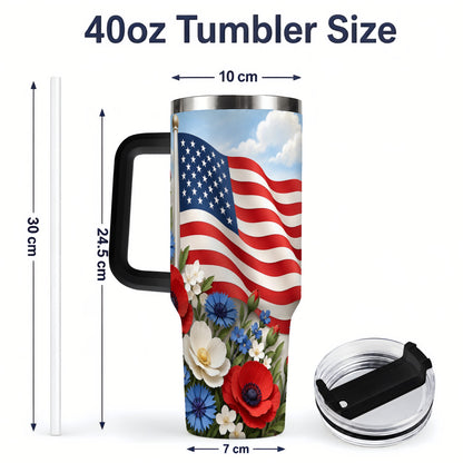 #pl[40oz|Black] American Flag Floral 40oz Tumbler, Patriotic Flower Drinkware