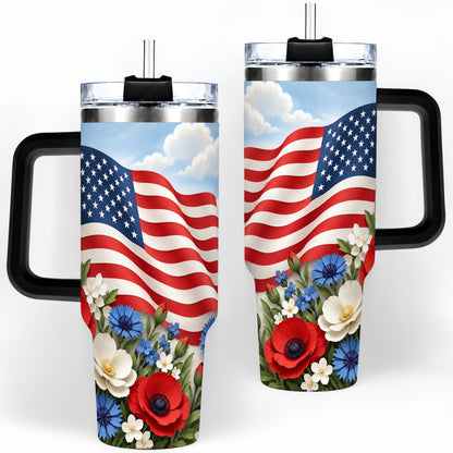 #pl[40oz|Black] American Flag Floral 40oz Tumbler, Patriotic Flower Drinkware
