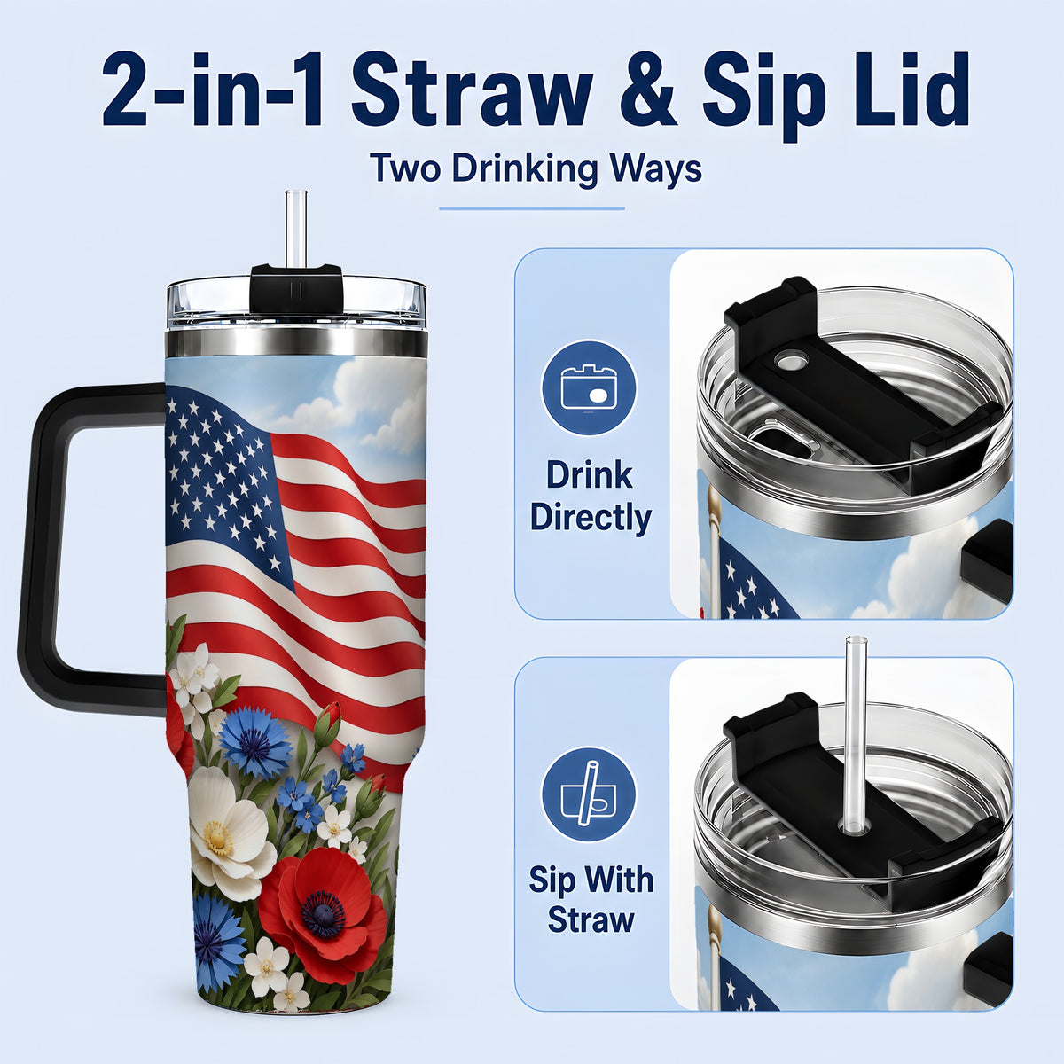 #pl[40oz|Black] American Flag Floral 40oz Tumbler, Patriotic Flower Drinkware