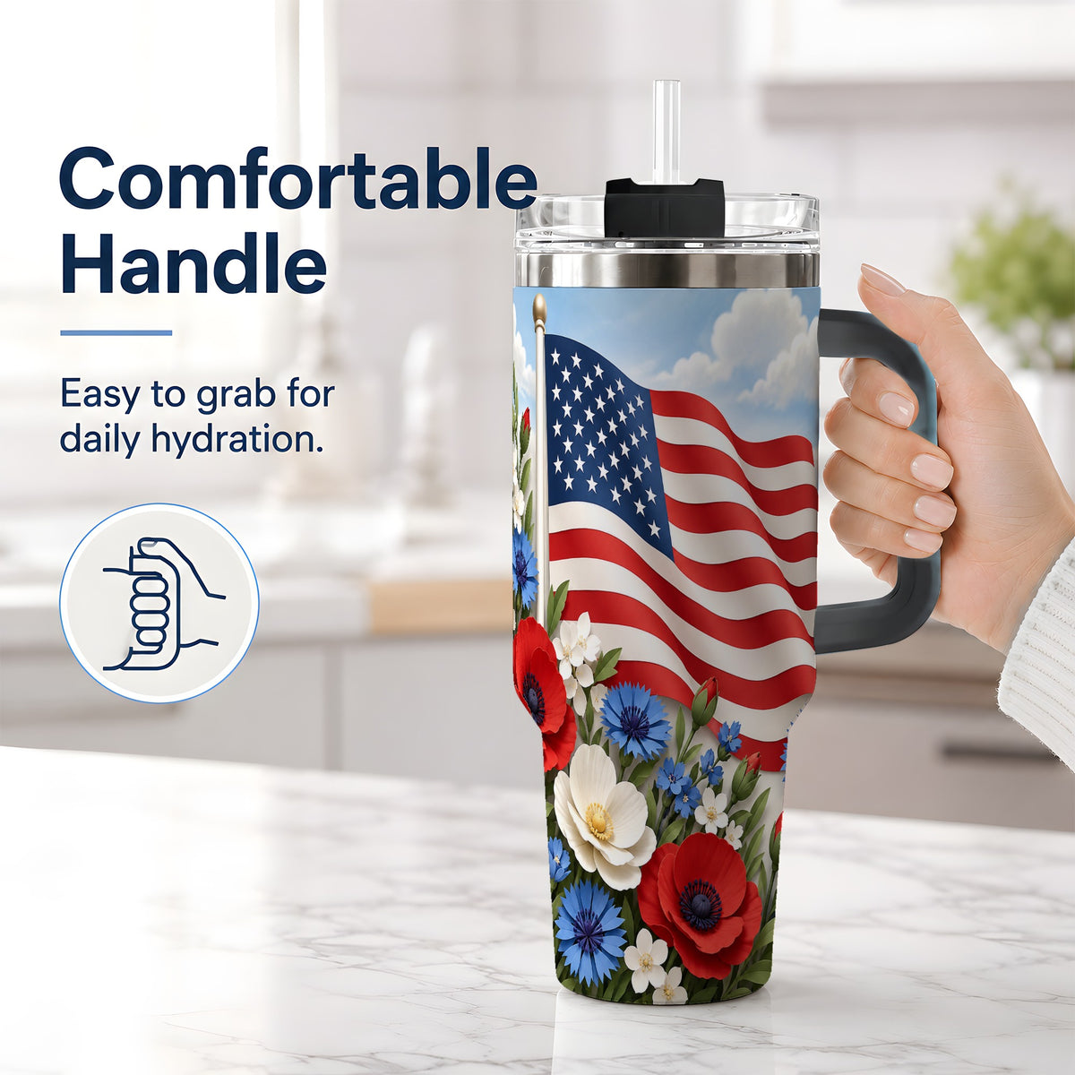 #pl[40oz|Black] American Flag Floral 40oz Tumbler, Patriotic Flower Drinkware