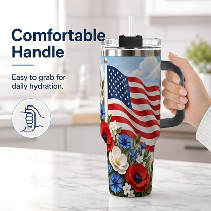 #pl[40oz|Black] American Flag Floral 40oz Tumbler, Patriotic Flower Drinkware