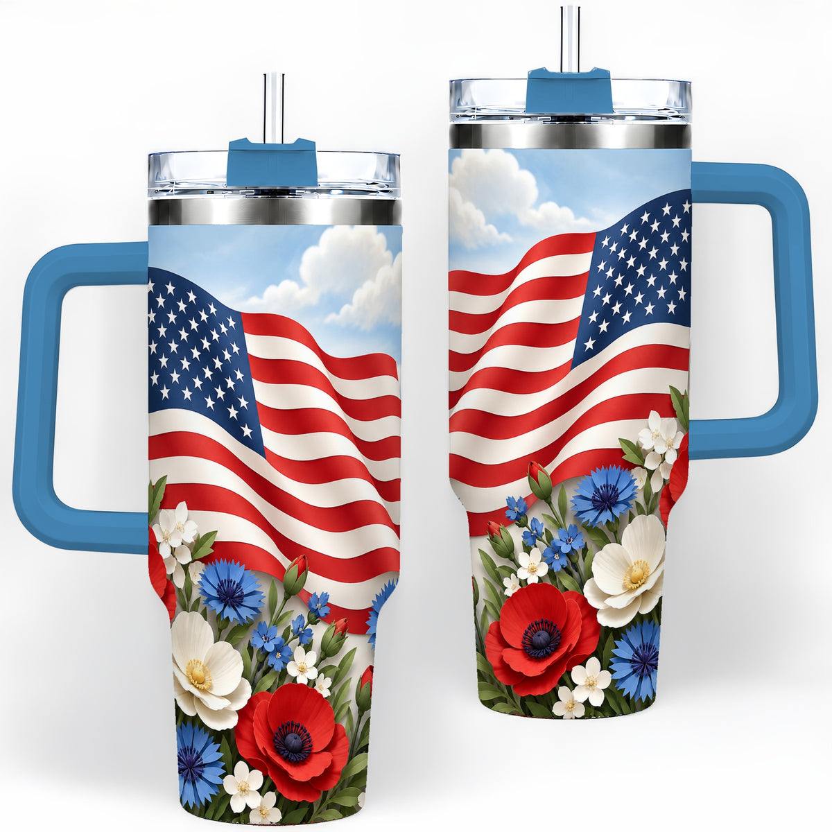 #pl[40oz|Blue] American Flag Floral 40oz Tumbler, Patriotic Flower Drinkware