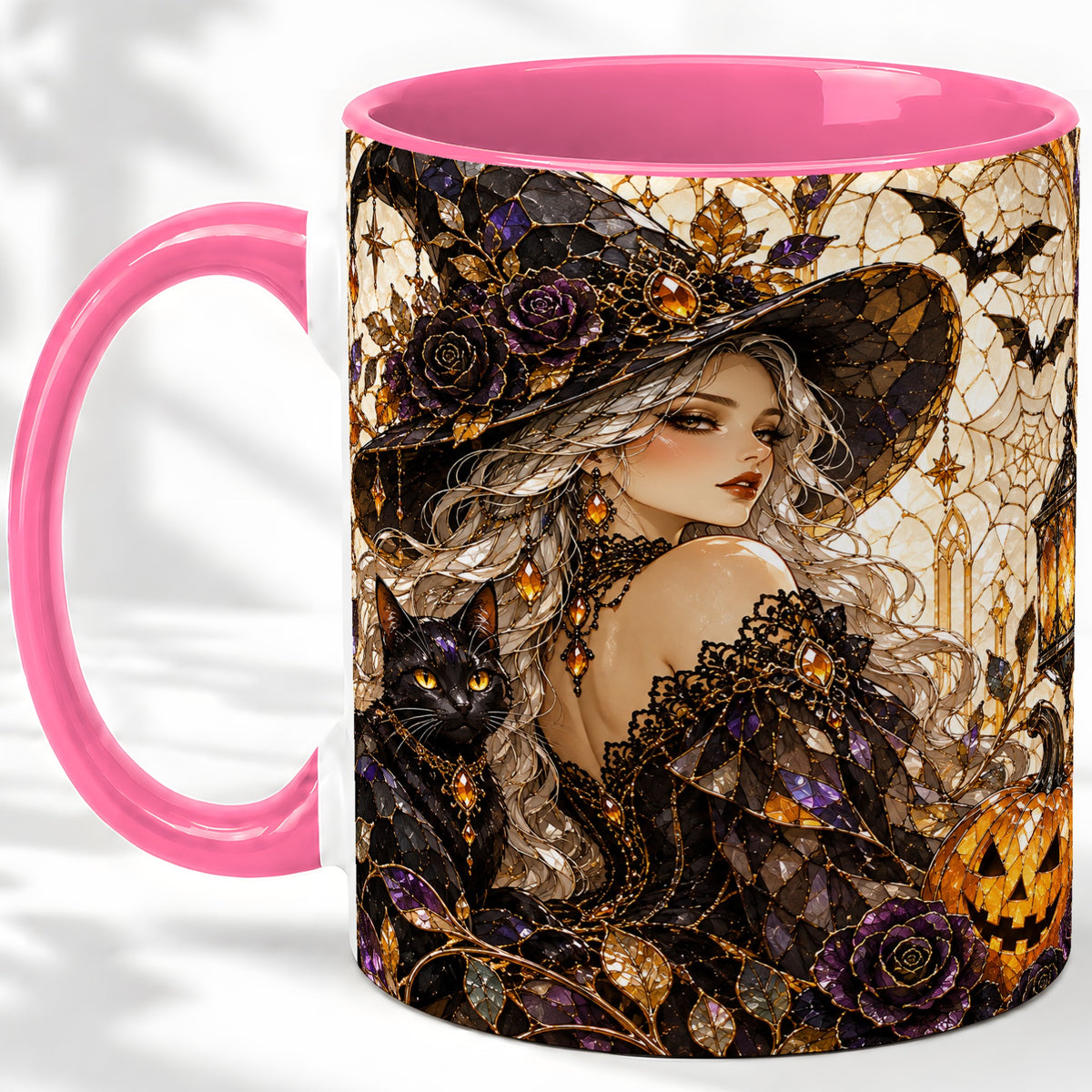 #pl[11oz|Pink] Halloween Witch Cat Accent Mug, Mug with Pumpkin Artwork
