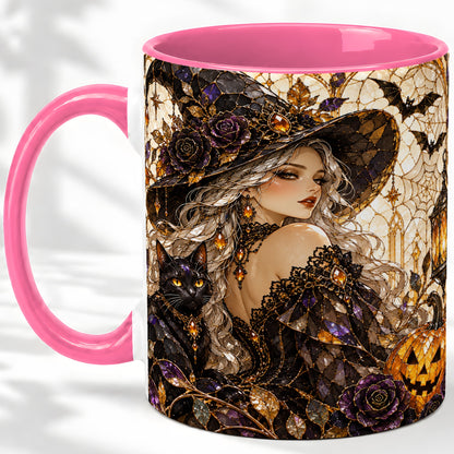 #pl[11oz|Pink] Halloween Witch Cat Accent Mug, Mug with Pumpkin Artwork