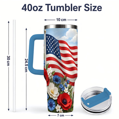 #pl[40oz|Blue] American Flag Floral 40oz Tumbler, Patriotic Flower Drinkware