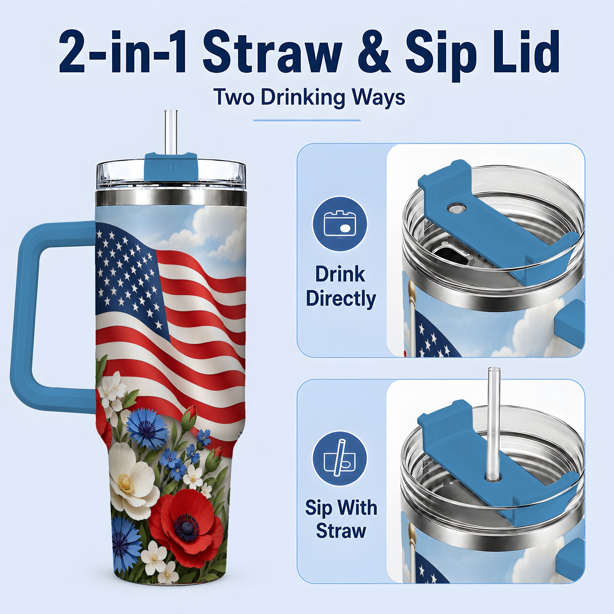 #pl[40oz|Blue] American Flag Floral 40oz Tumbler, Patriotic Flower Drinkware