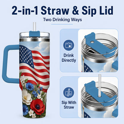#pl[40oz|Blue] American Flag Floral 40oz Tumbler, Patriotic Flower Drinkware
