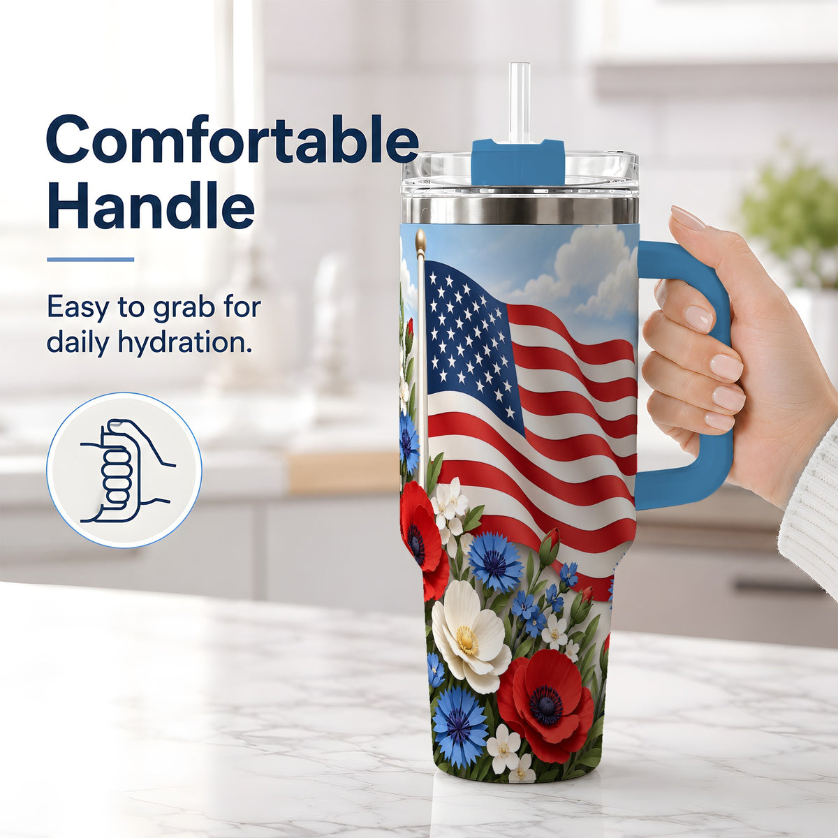 #pl[40oz|Blue] American Flag Floral 40oz Tumbler, Patriotic Flower Drinkware