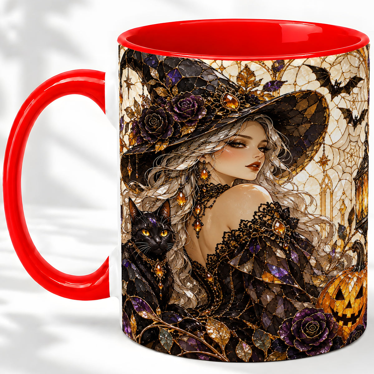 Halloween Witch Cat Accent Mug, Mug with Pumpkin Artwork