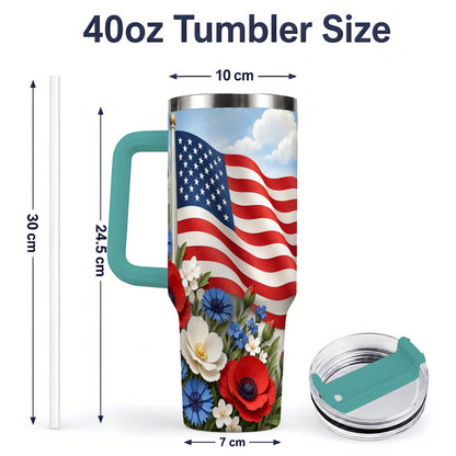 #pl[40oz|Green] American Flag Floral 40oz Tumbler, Patriotic Flower Drinkware