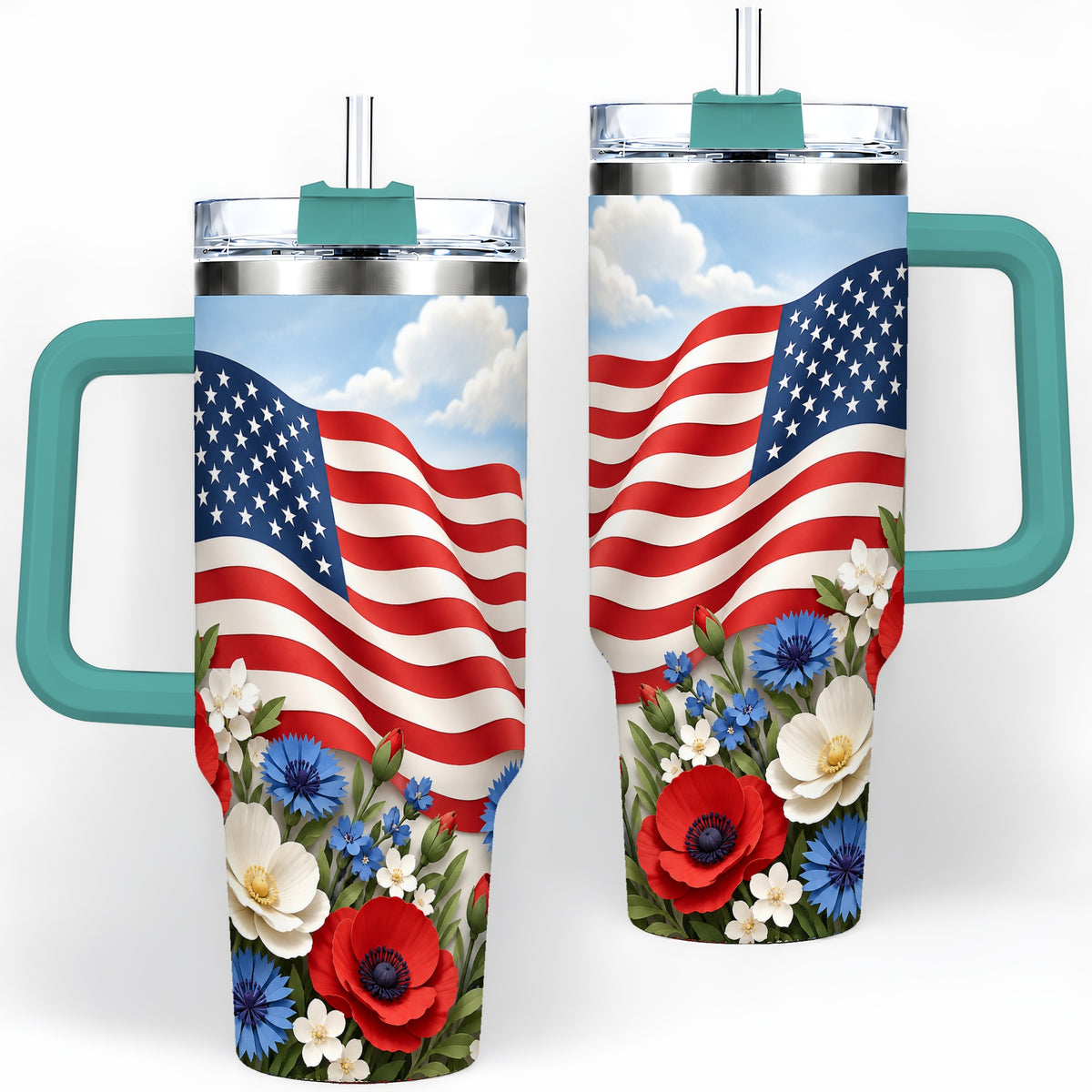 #pl[40oz|Green] American Flag Floral 40oz Tumbler, Patriotic Flower Drinkware