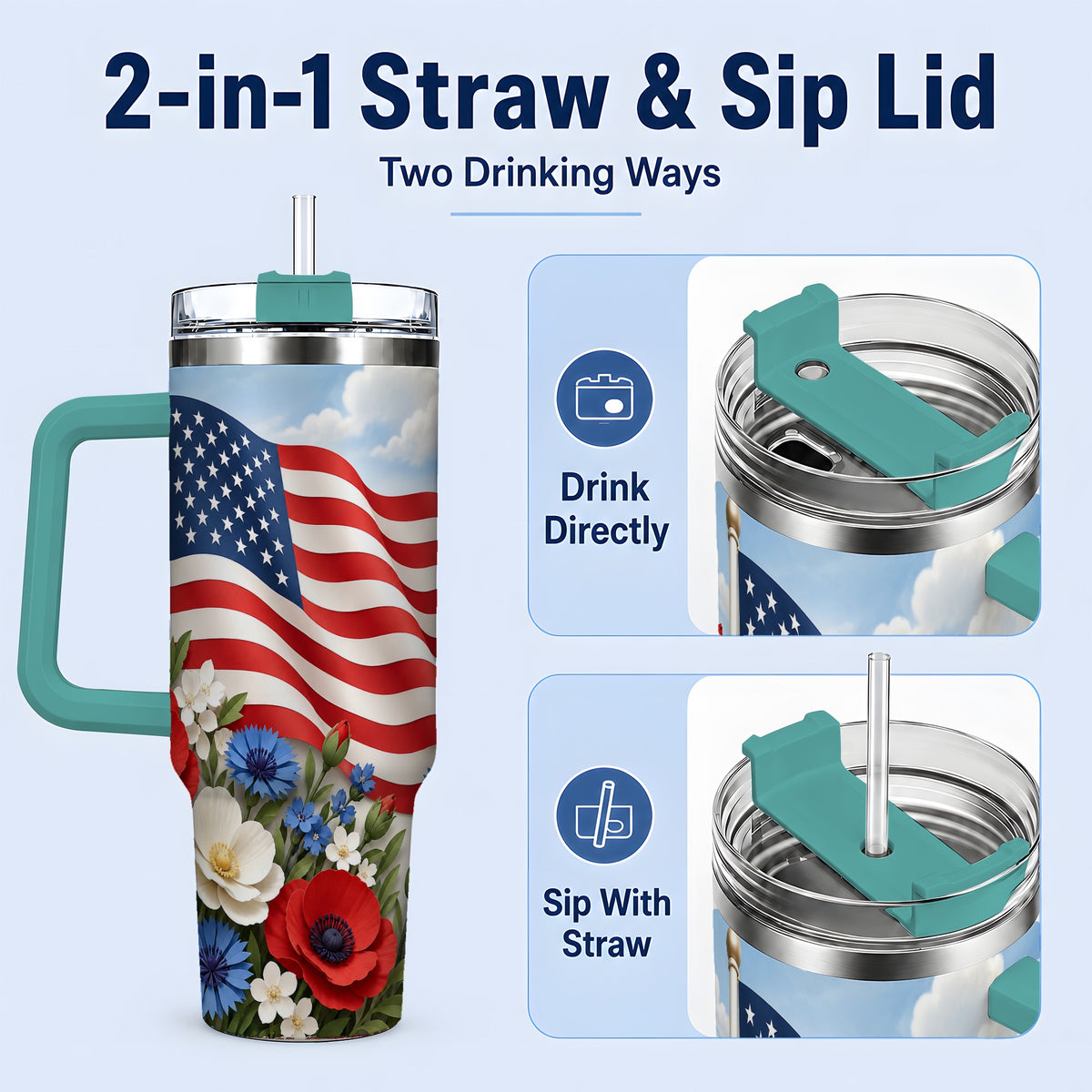 #pl[40oz|Green] American Flag Floral 40oz Tumbler, Patriotic Flower Drinkware