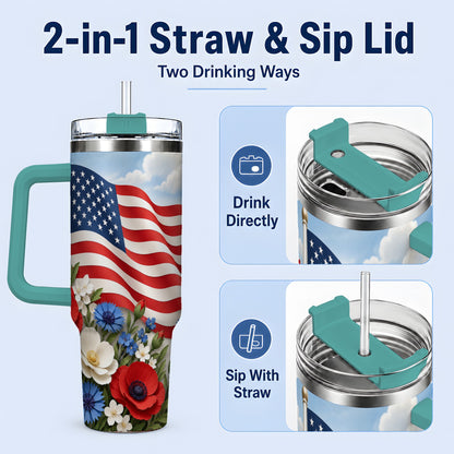 #pl[40oz|Green] American Flag Floral 40oz Tumbler, Patriotic Flower Drinkware