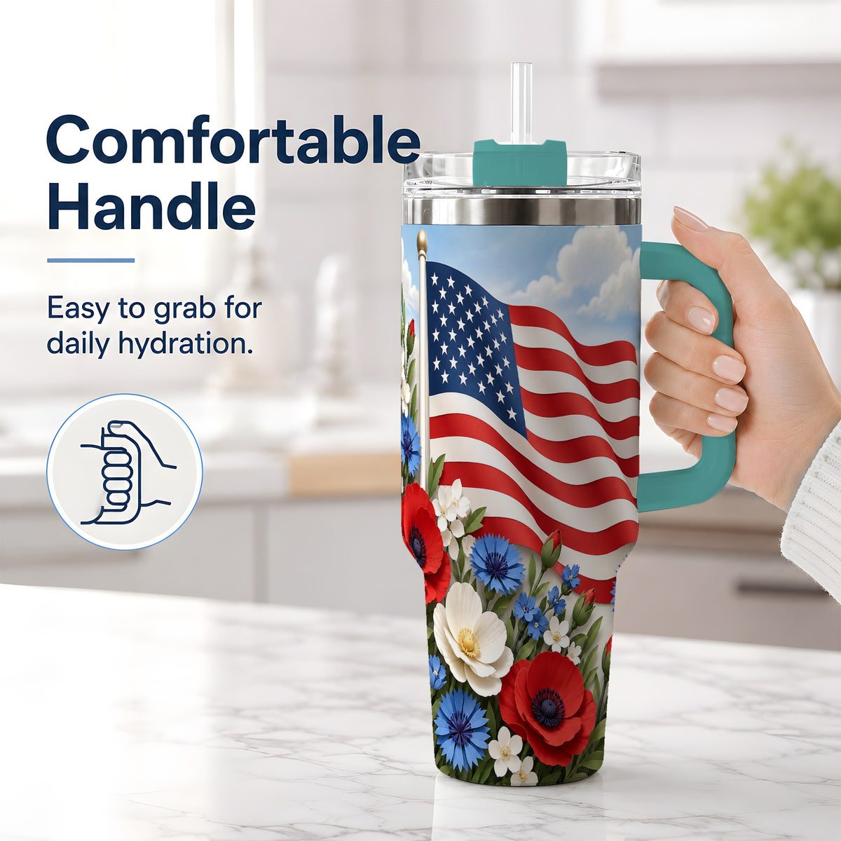 #pl[40oz|Green] American Flag Floral 40oz Tumbler, Patriotic Flower Drinkware