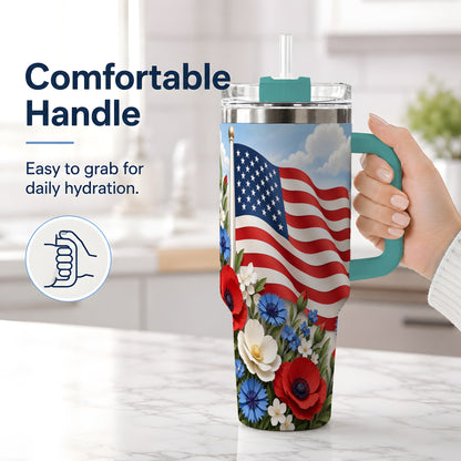 #pl[40oz|Green] American Flag Floral 40oz Tumbler, Patriotic Flower Drinkware