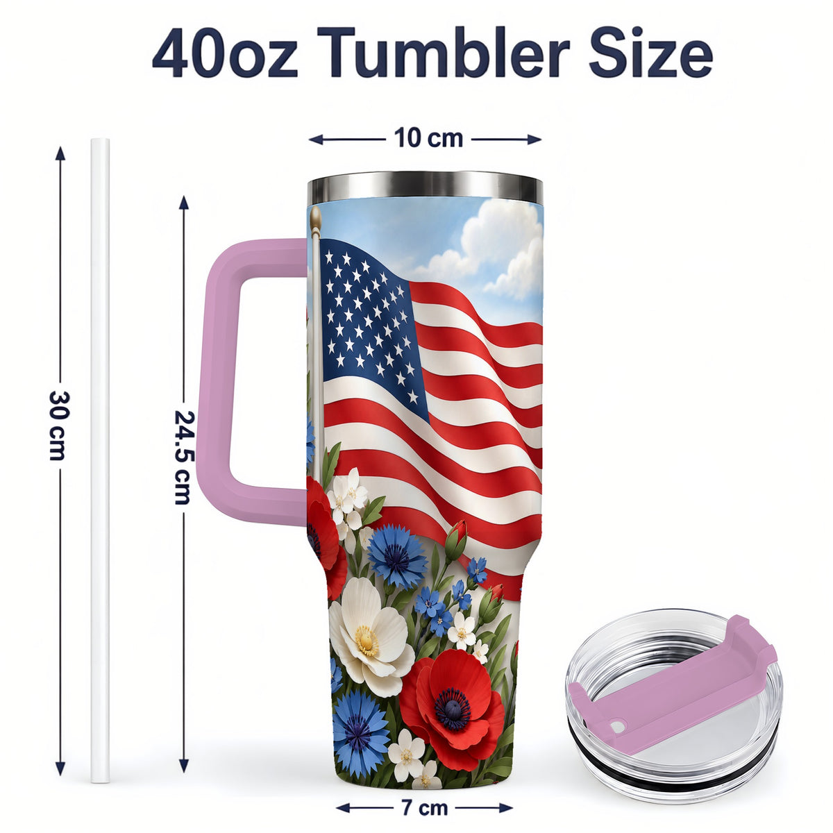 #pl[40oz|Pink] American Flag Floral 40oz Tumbler, Patriotic Flower Drinkware