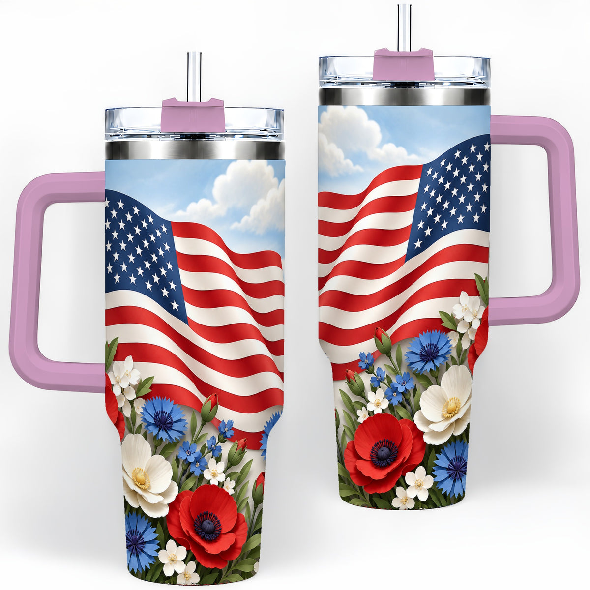 #pl[40oz|Pink] American Flag Floral 40oz Tumbler, Patriotic Flower Drinkware