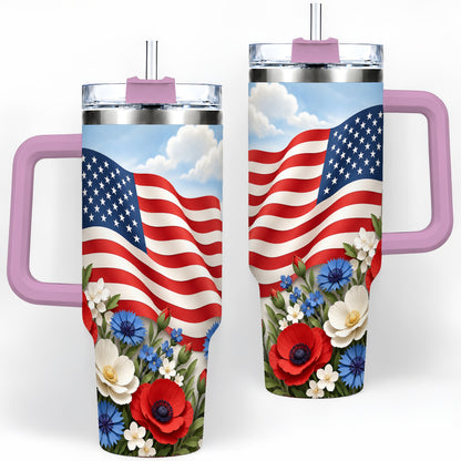 #pl[40oz|Pink] American Flag Floral 40oz Tumbler, Patriotic Flower Drinkware