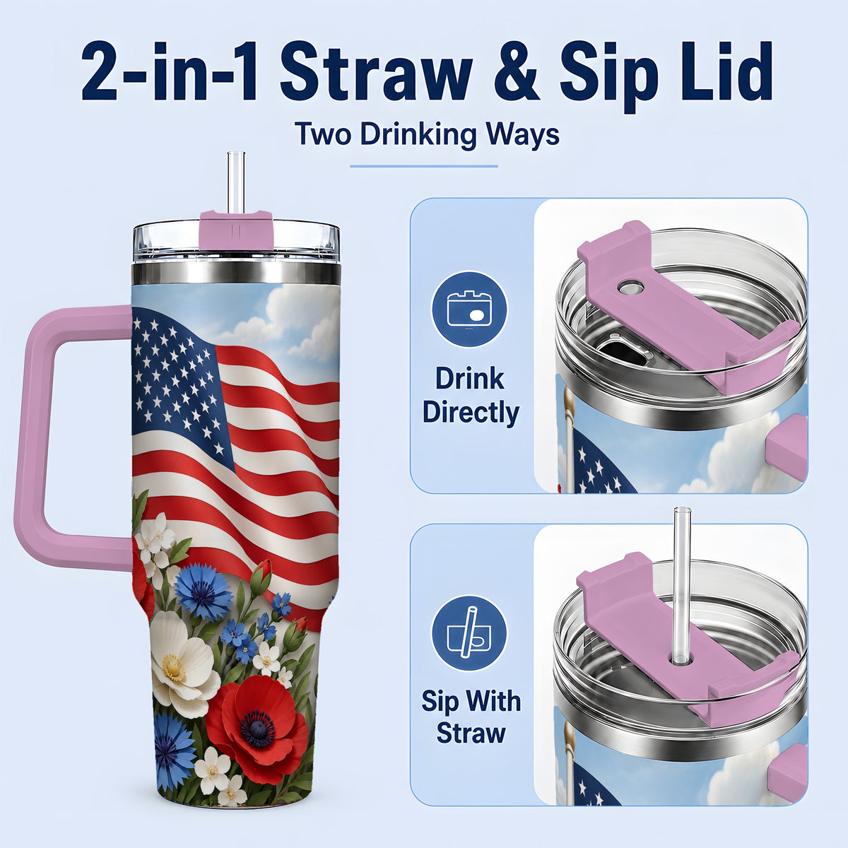 #pl[40oz|Pink] American Flag Floral 40oz Tumbler, Patriotic Flower Drinkware
