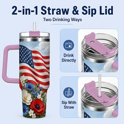 #pl[40oz|Pink] American Flag Floral 40oz Tumbler, Patriotic Flower Drinkware