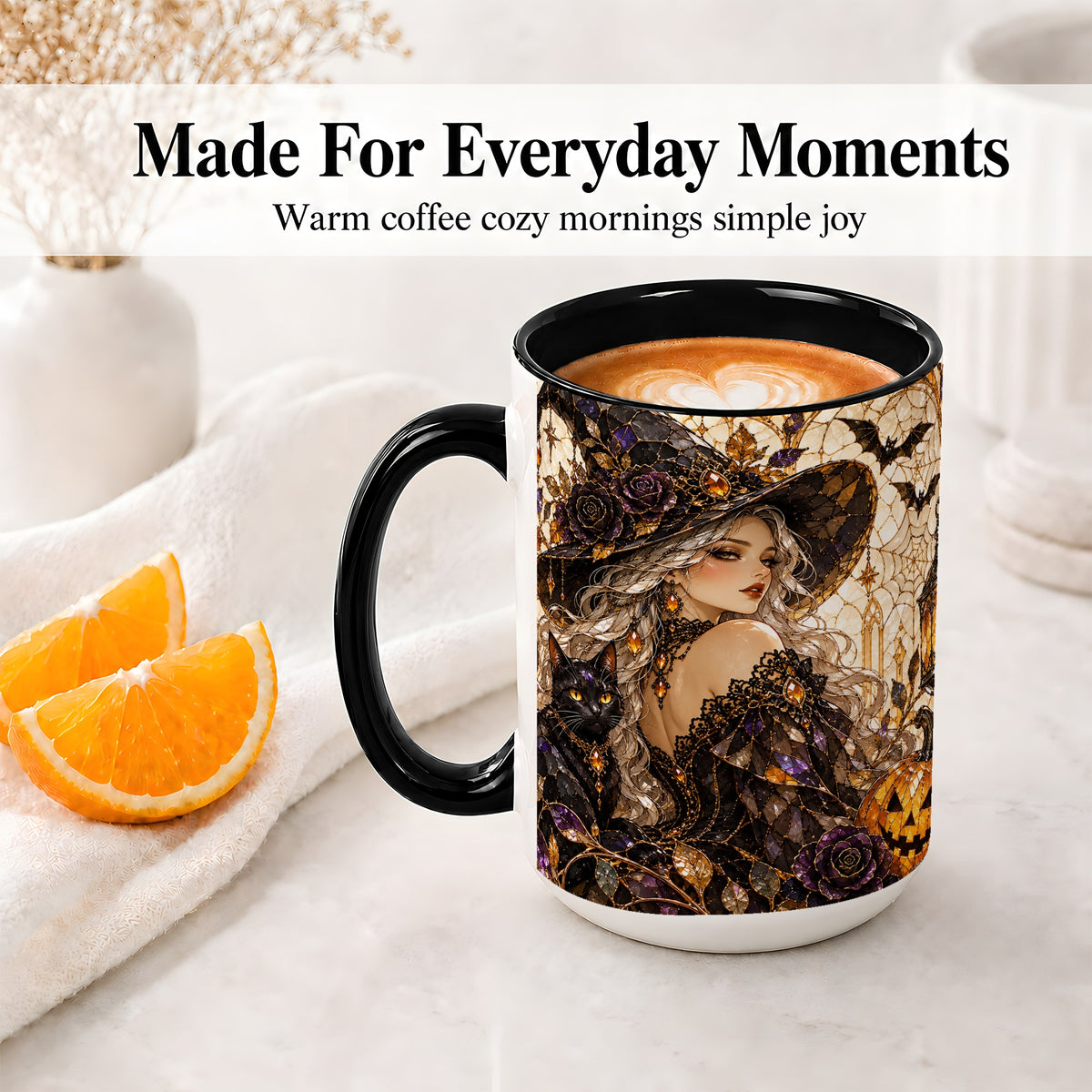 #pl[15oz|Black] Halloween Witch Cat Accent Mug, Mug with Pumpkin Artwork