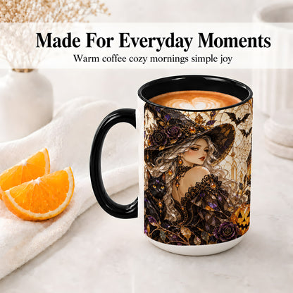 #pl[15oz|Black] Halloween Witch Cat Accent Mug, Mug with Pumpkin Artwork