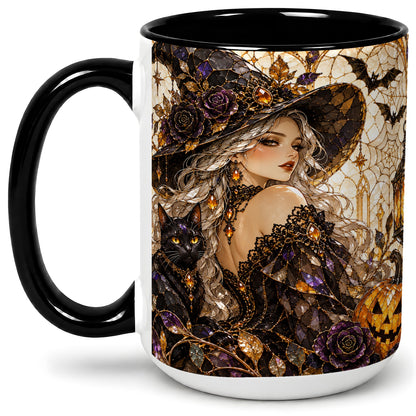 #pl[15oz|Black] Halloween Witch Cat Accent Mug, Mug with Pumpkin Artwork