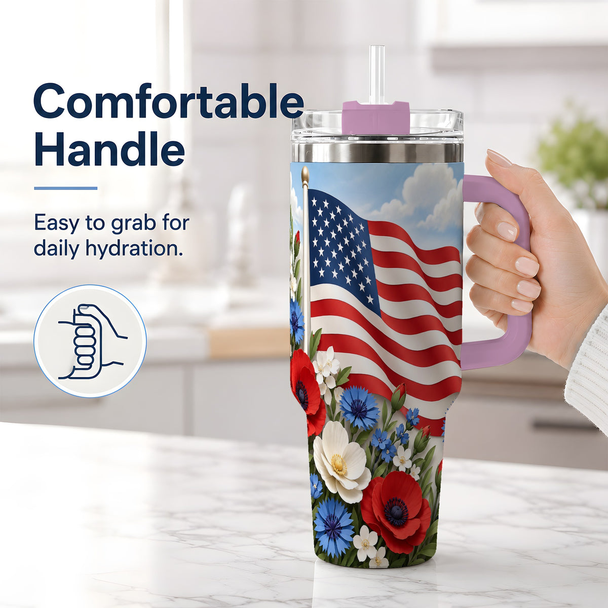 #pl[40oz|Pink] American Flag Floral 40oz Tumbler, Patriotic Flower Drinkware