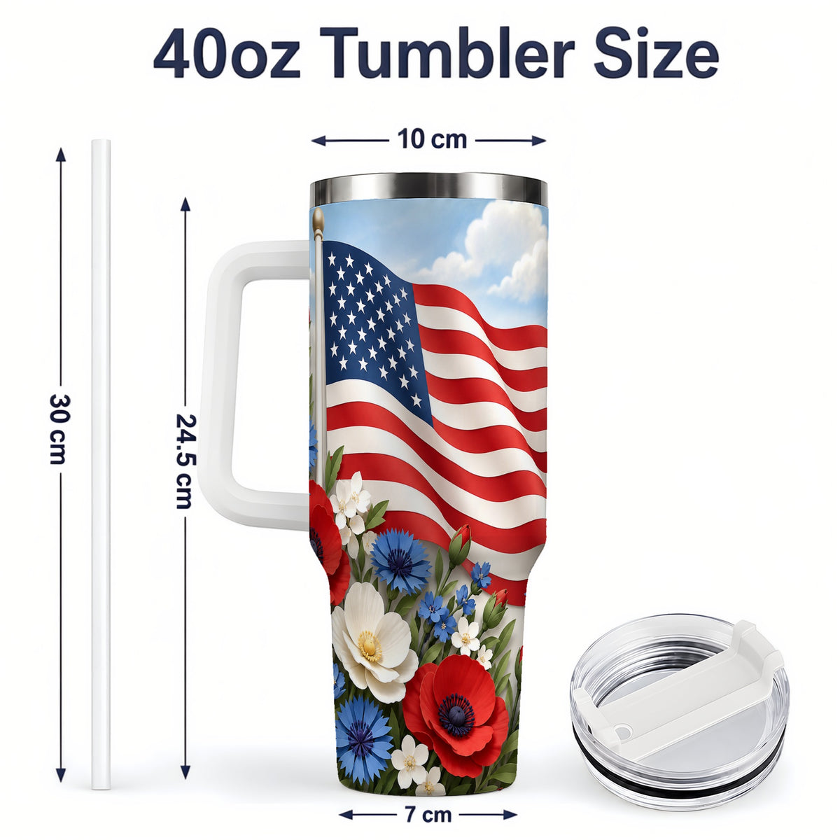 #pl[40oz|White] American Flag Floral 40oz Tumbler, Patriotic Flower Drinkware