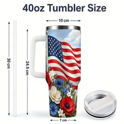 #pl[40oz|White] American Flag Floral 40oz Tumbler, Patriotic Flower Drinkware