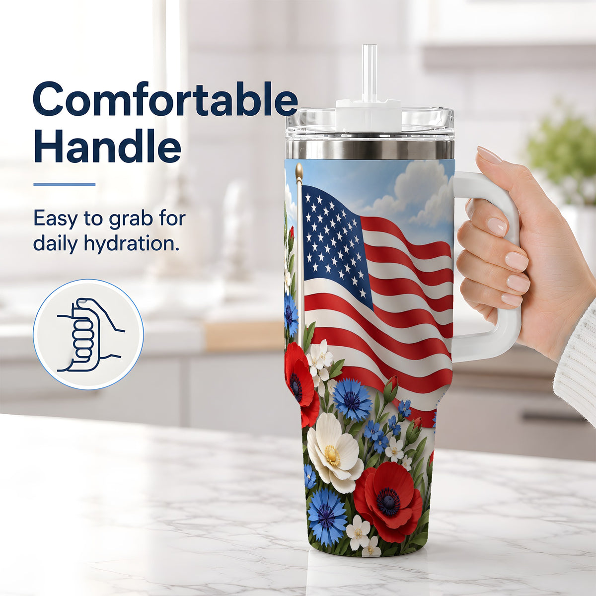 #pl[40oz|White] American Flag Floral 40oz Tumbler, Patriotic Flower Drinkware
