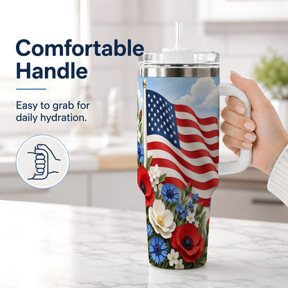#pl[40oz|White] American Flag Floral 40oz Tumbler, Patriotic Flower Drinkware