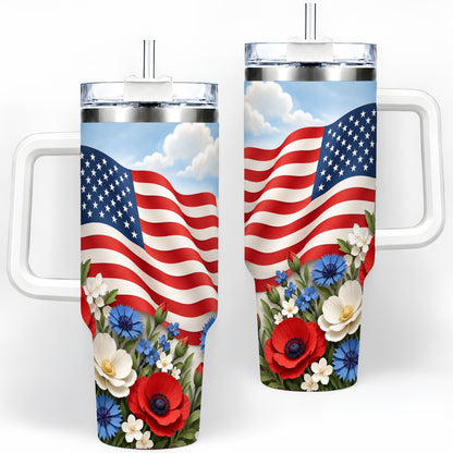 American Flag Floral 40oz Tumbler, Patriotic Flower Drinkware