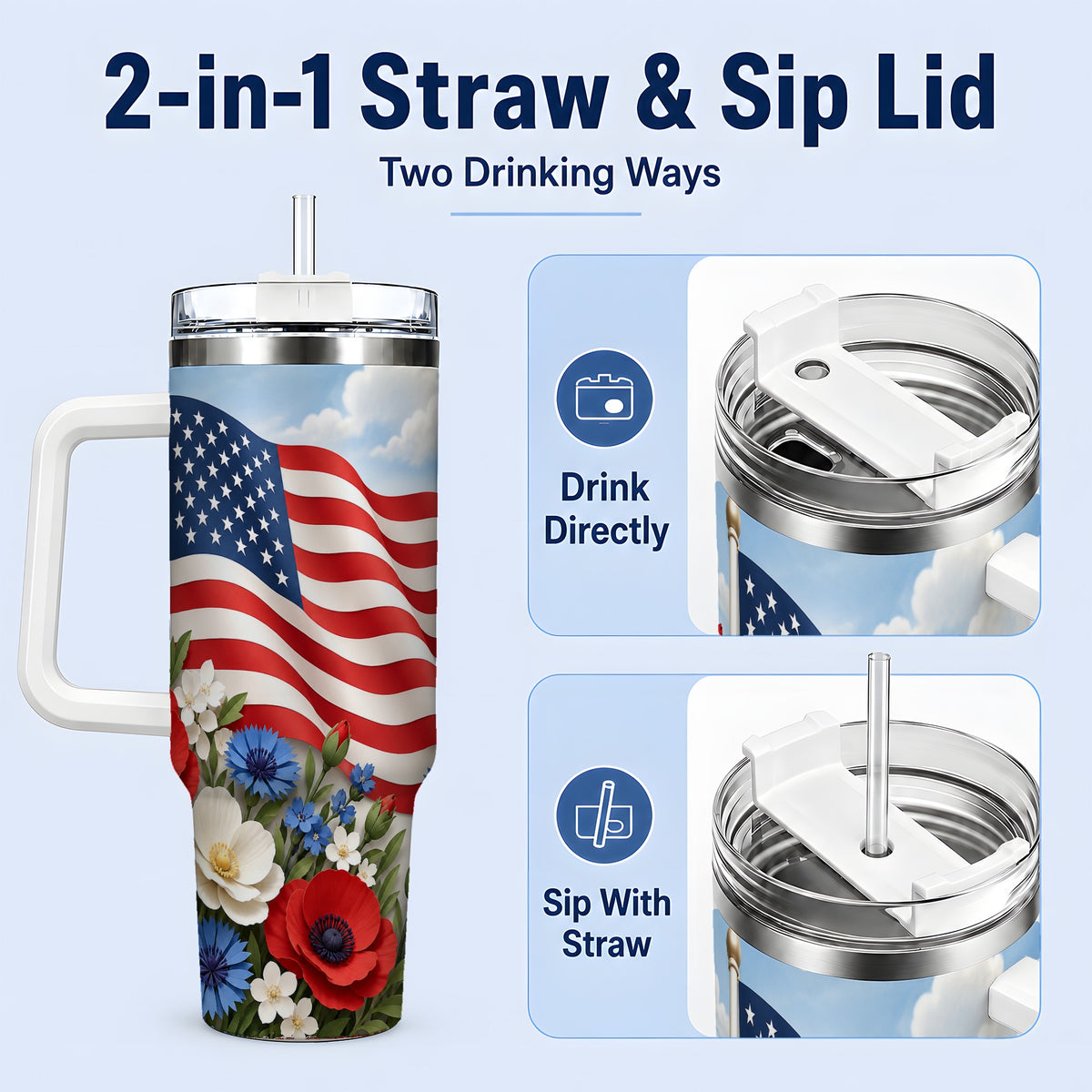 #pl[40oz|White] American Flag Floral 40oz Tumbler, Patriotic Flower Drinkware