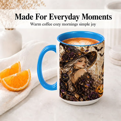 #pl[15oz|Blue] Halloween Witch Cat Accent Mug, Mug with Pumpkin Artwork