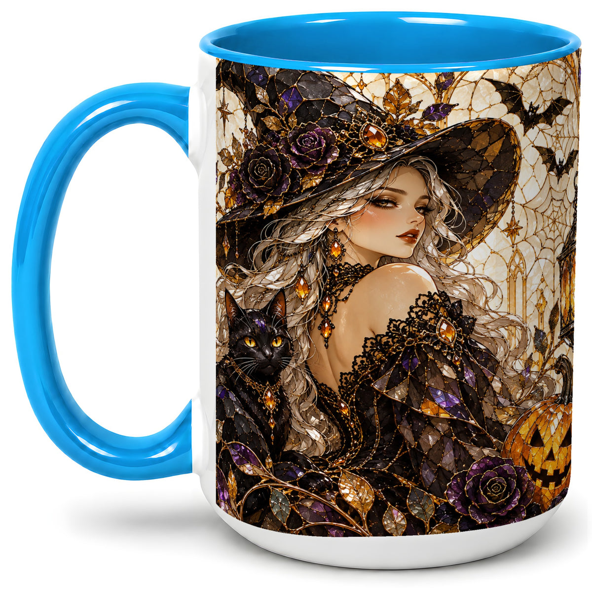 #pl[15oz|Blue] Halloween Witch Cat Accent Mug, Mug with Pumpkin Artwork