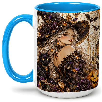 #pl[15oz|Blue] Halloween Witch Cat Accent Mug, Mug with Pumpkin Artwork
