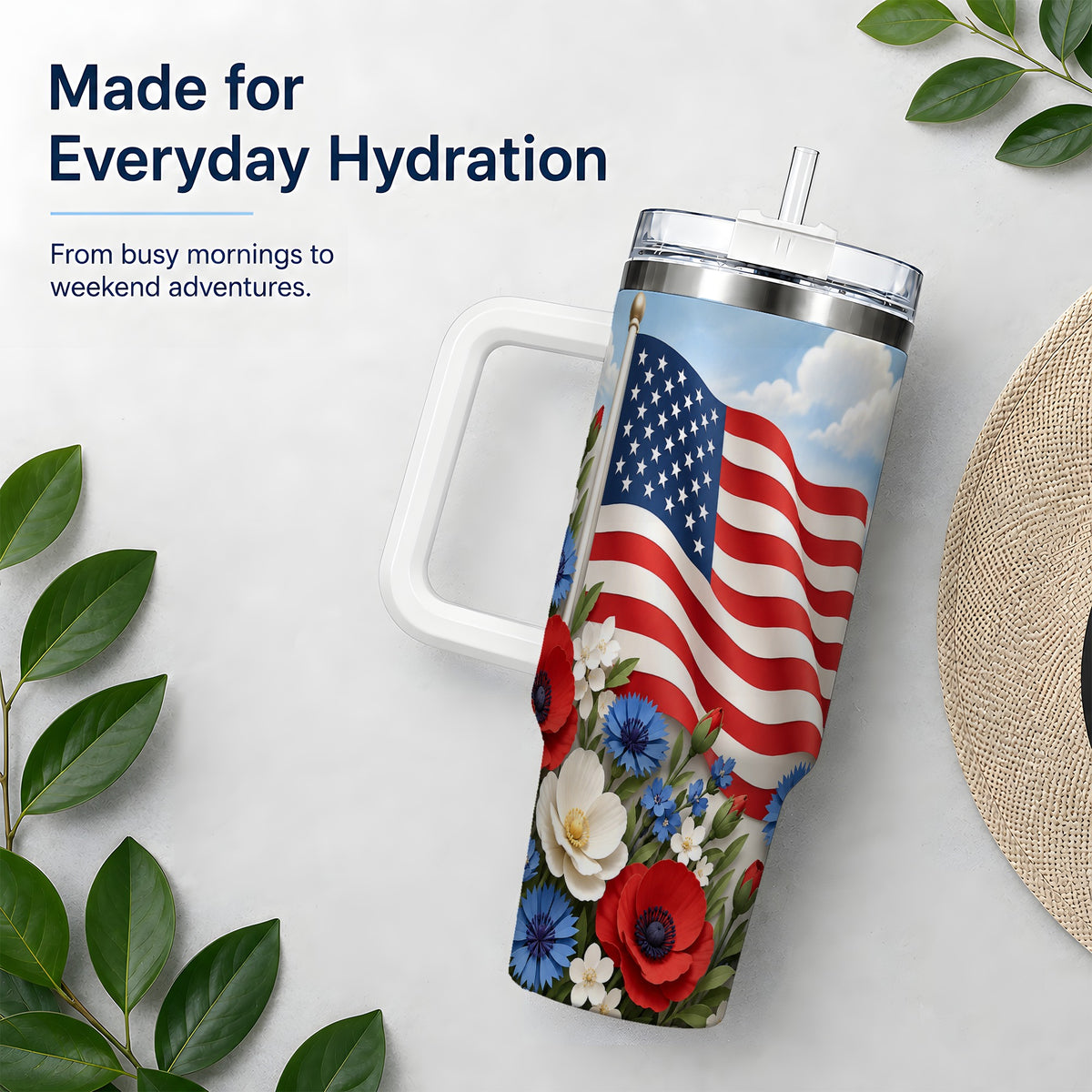 American Flag Floral 40oz Tumbler, Patriotic Flower Drinkware
