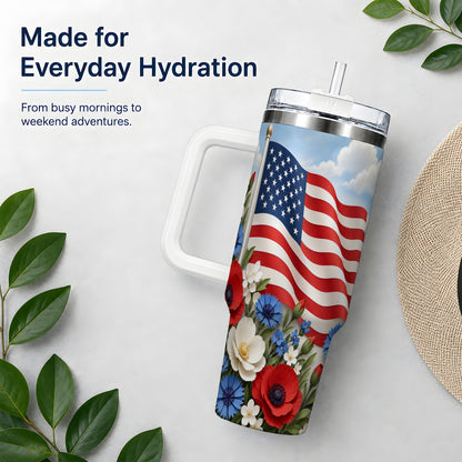 American Flag Floral 40oz Tumbler, Patriotic Flower Drinkware