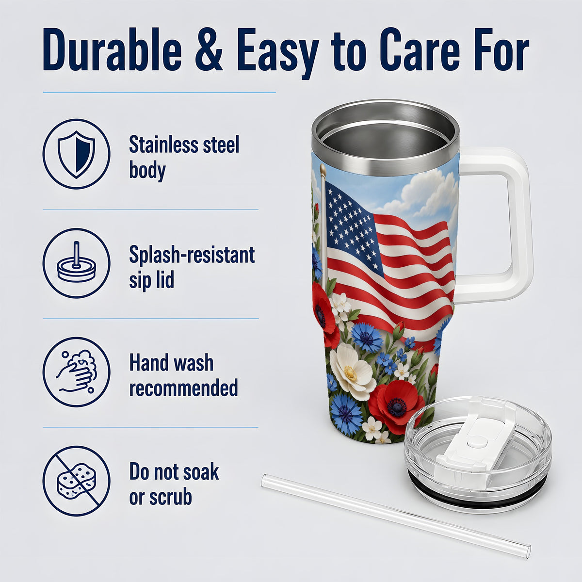 American Flag Floral 40oz Tumbler, Patriotic Flower Drinkware