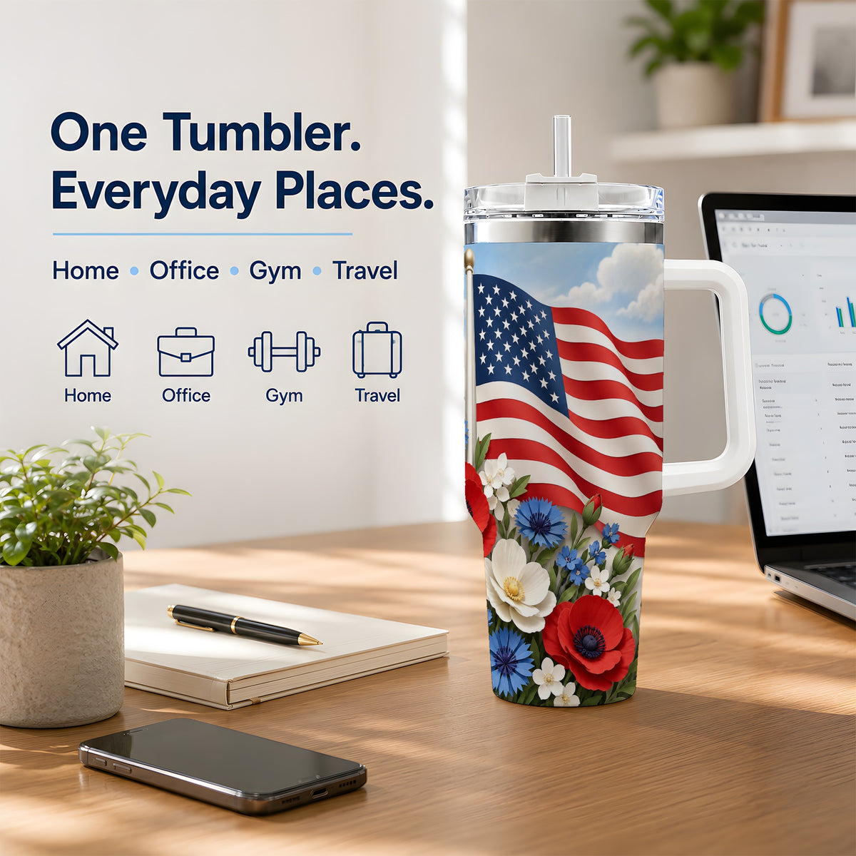 American Flag Floral 40oz Tumbler, Patriotic Flower Drinkware